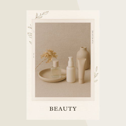 Beige skincare bottles and vase — Beauty category