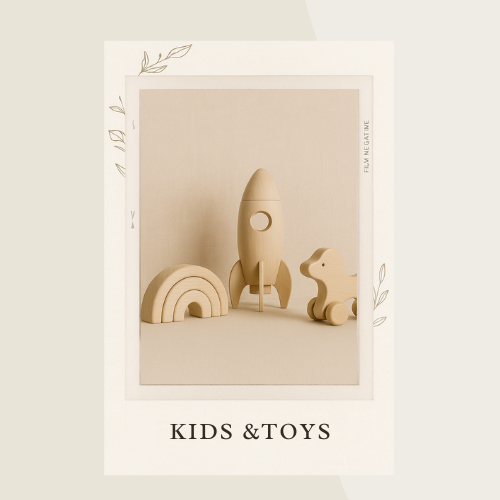 Wooden toys on beige background — Kids & Toys category