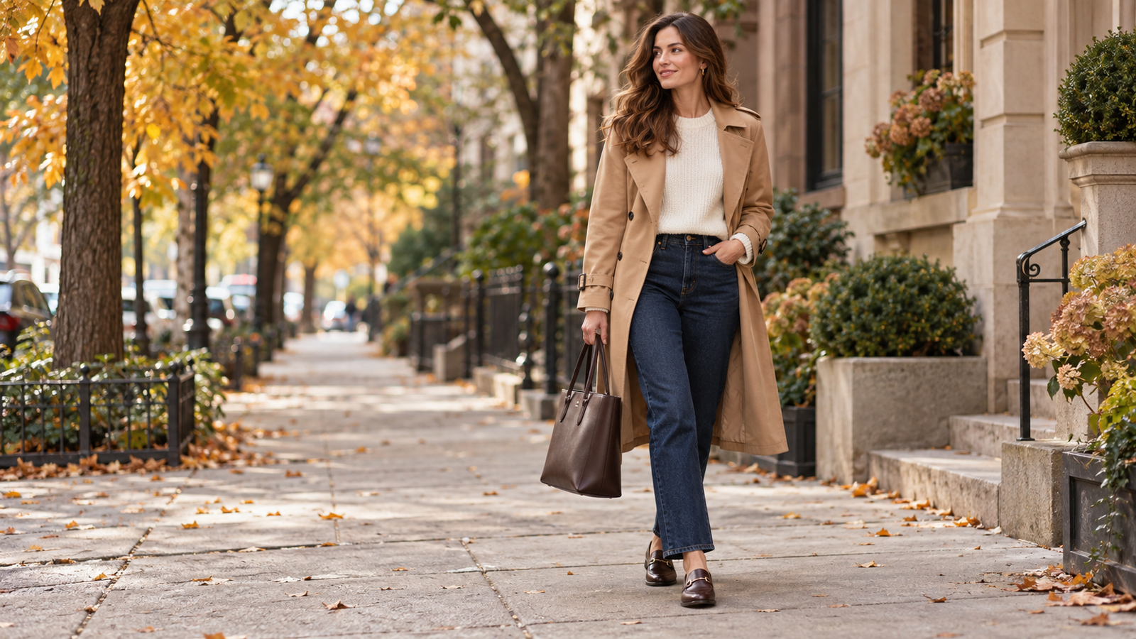 Woman wearing a camel trench coat, cream knit top, dark jeans, and brown tote for a fall capsule wardrobe.