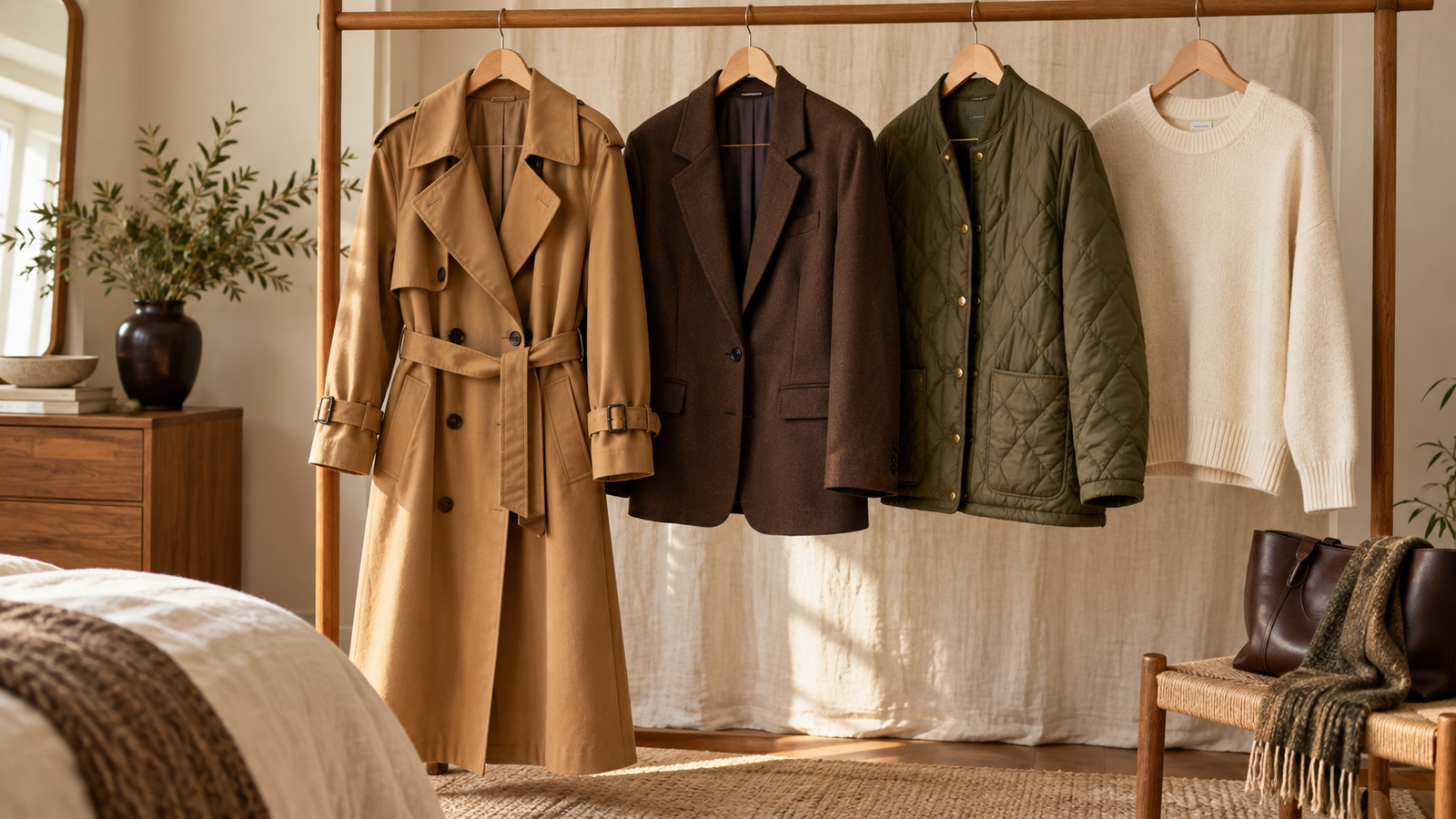 Camel trench coat, chocolate blazer, and olive quilted jacket arranged as versatile fall outerwear.