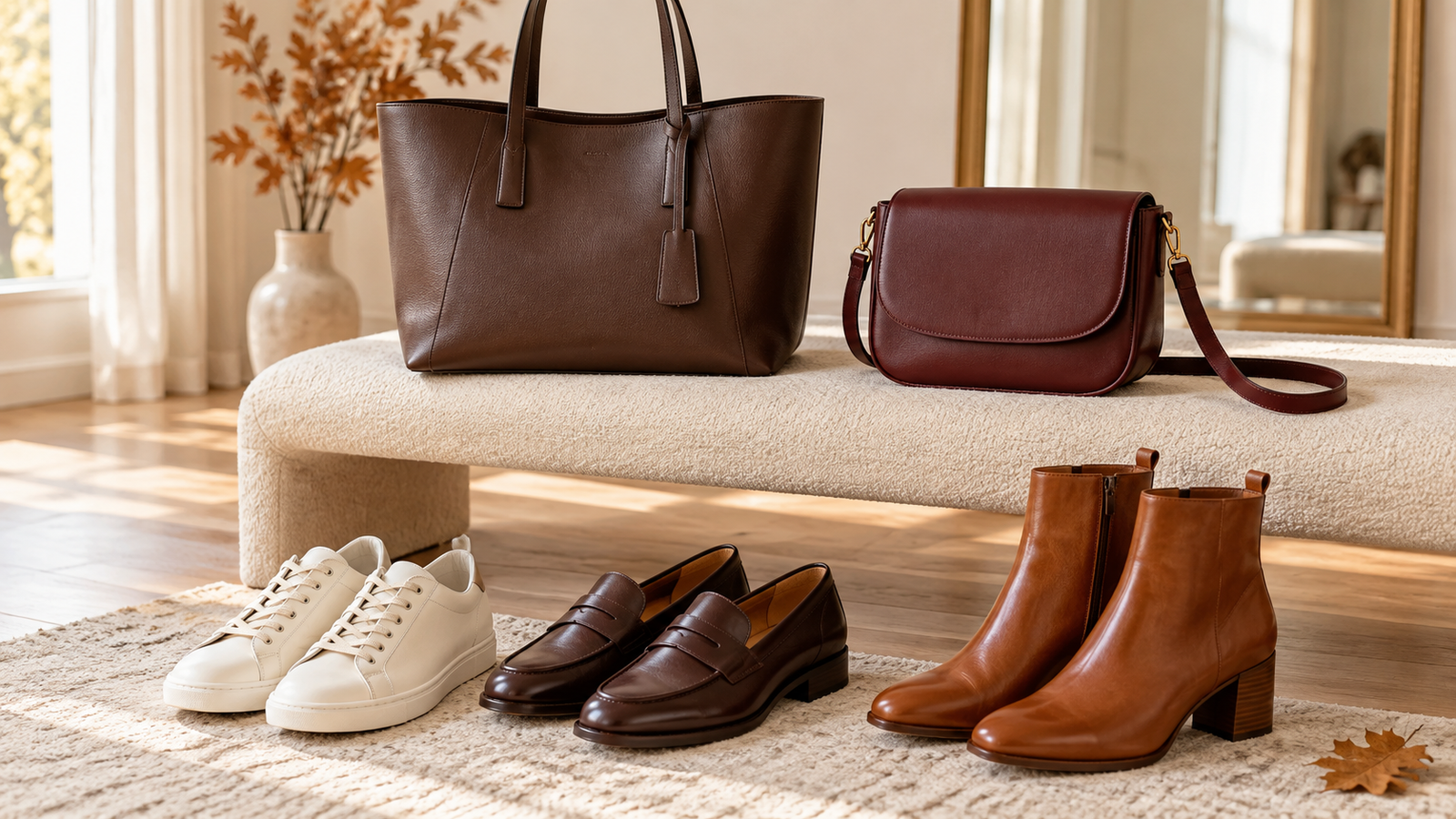 Fall capsule wardrobe shoes and bags including loafers, ankle boots, sneakers, tote, and crossbody.