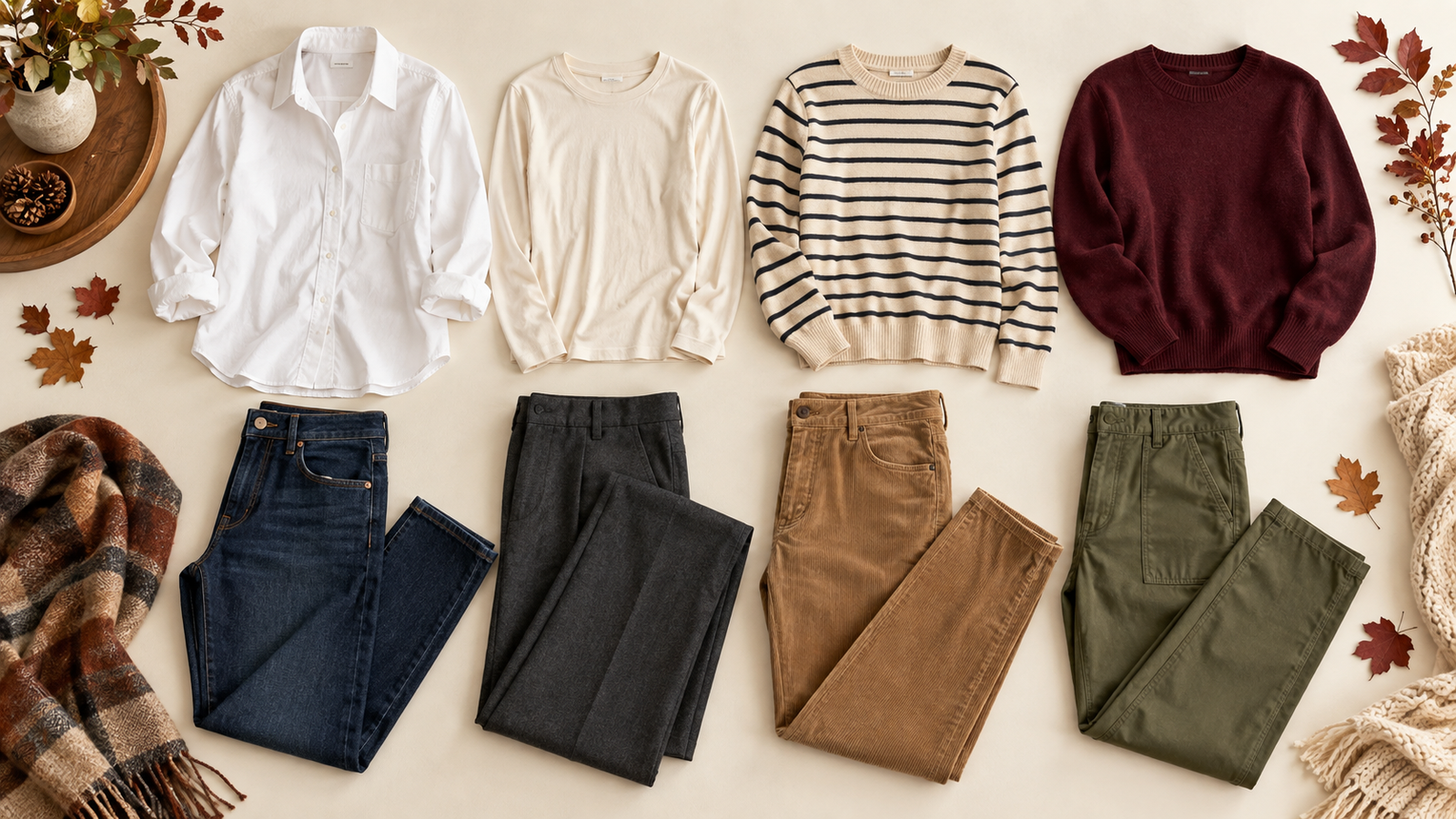 Fall capsule wardrobe tops and trousers in cream, burgundy, olive, charcoal, and dark denim.