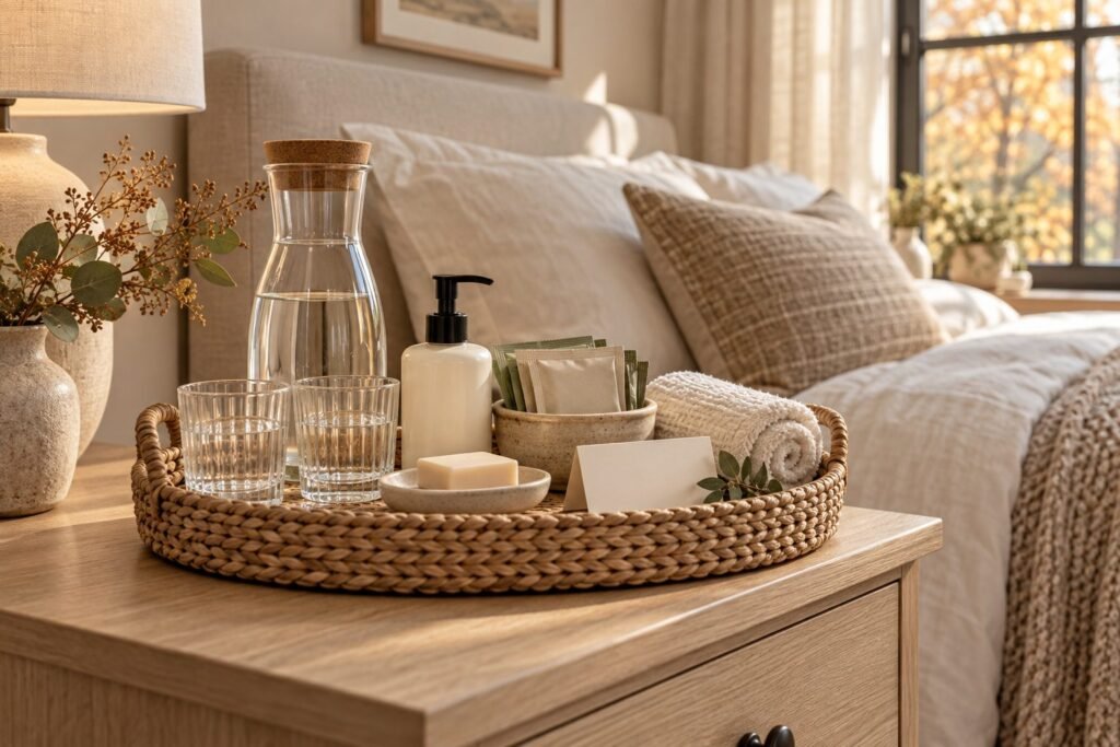 Holiday guest room welcome basket with practical essentials in a warm, neutral room.