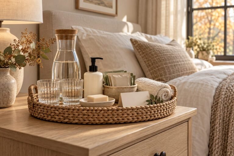 Holiday guest room welcome basket with practical essentials in a warm, neutral room.