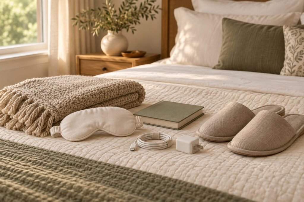 Folded neutral throw and comfort essentials ready for an overnight guest.