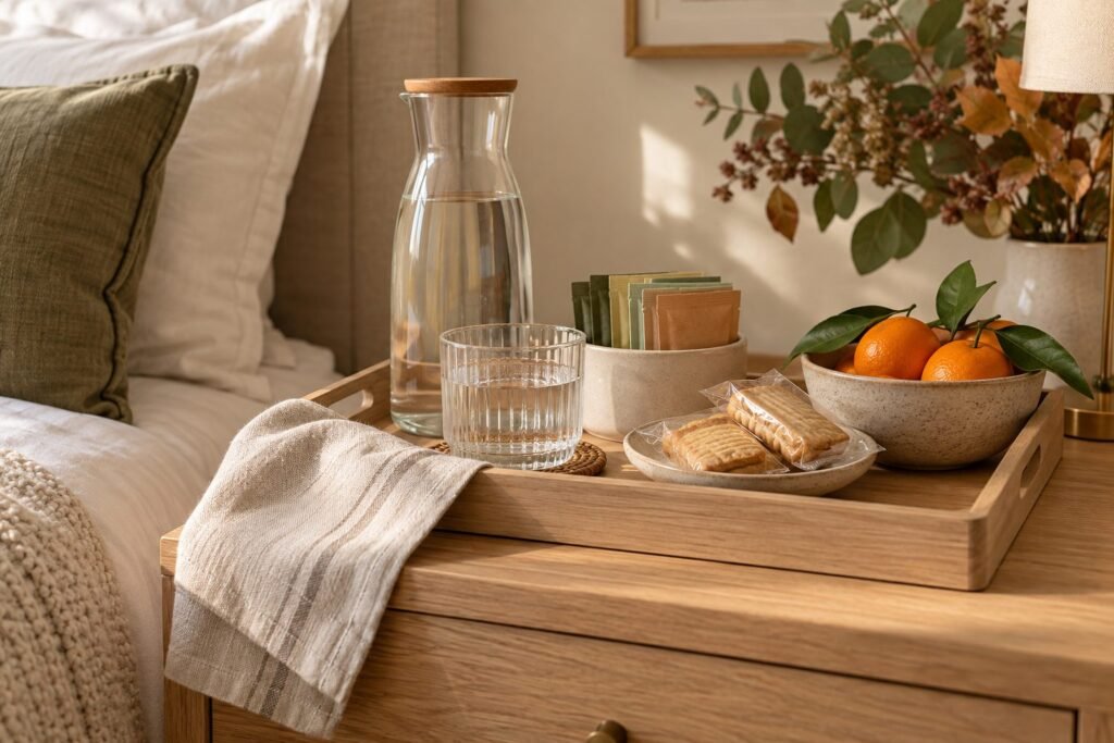 Tea, coffee, water, and snacks arranged for holiday house guests.