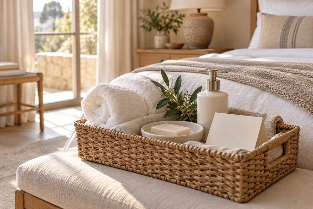 Woven guest room basket with folded towels, toiletries, and a welcome note.